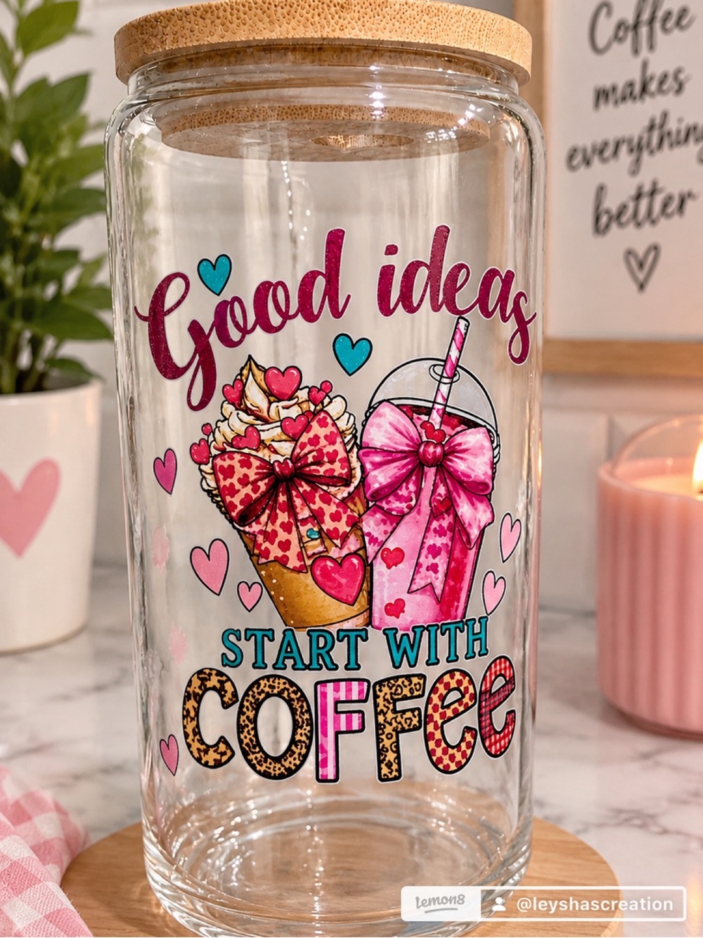 Good Ideas Start With Coffee Pink Glass Canister with Bamboo Lid